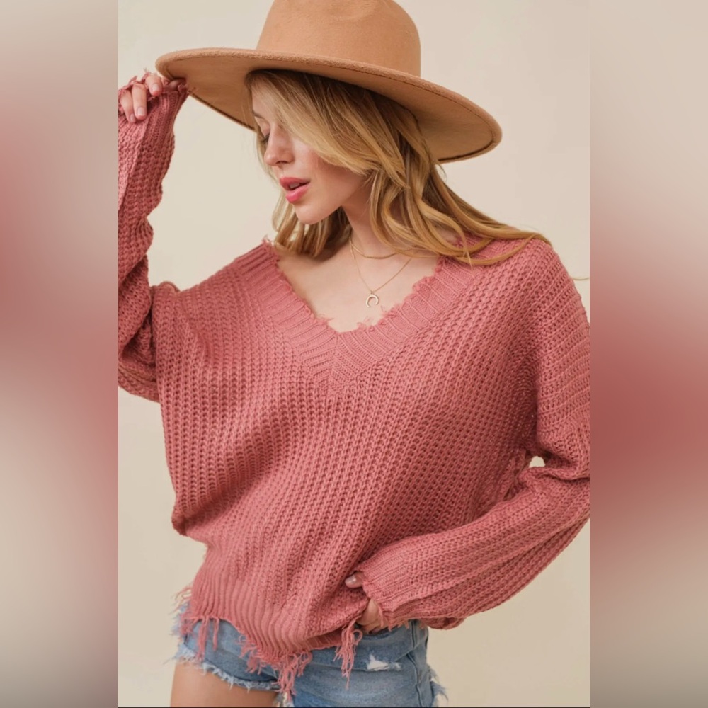 #100 Drama Distressed Sweater-Ash Rose